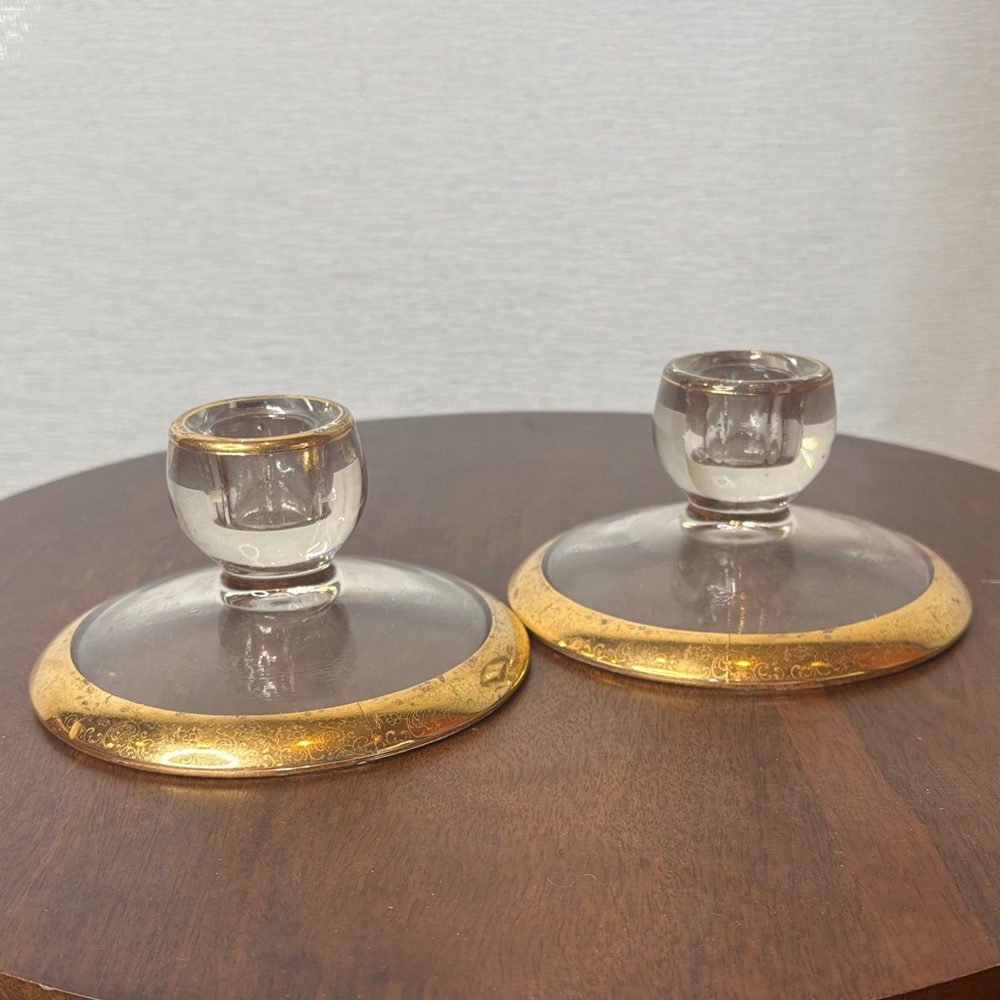 Jeanette Glass Pair 22k Gold Rimmed Candle Holders Vintage Candlesticks